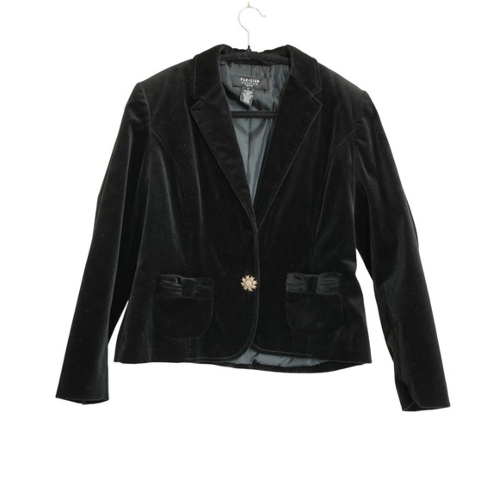 Parisian‎ Signature Petite Black Velvet Blazer Jeweled Button Bow Pockets Artsy